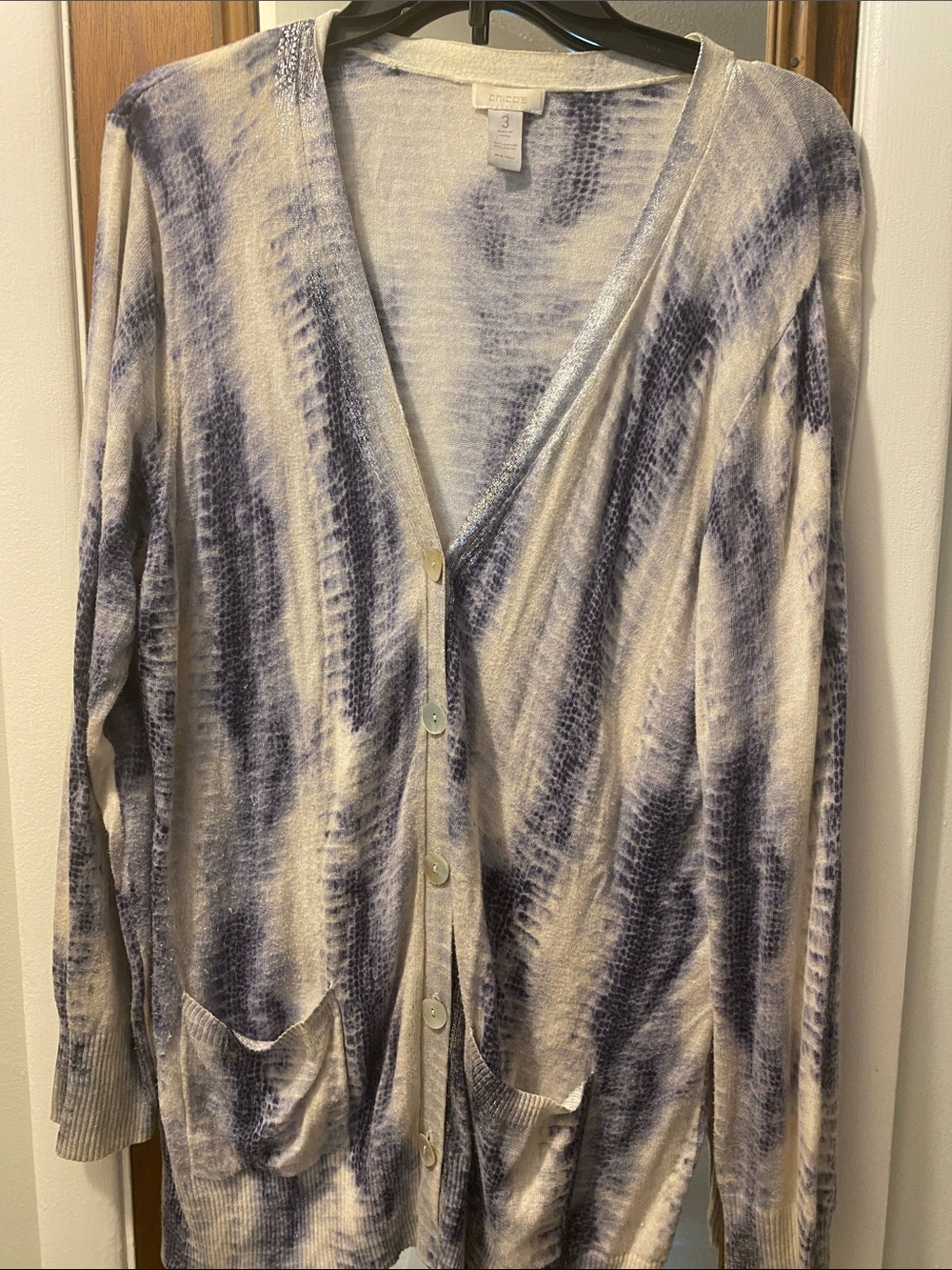 Chico's Cream and Navy Tie-Dye Button Cardigan